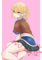 Rule 34 | 1girl, absurdres, arm warmers, barefoot, black skirt, blonde hair, blush, brown shirt, closed mouth, commentary request, feet, foot out of frame, green eyes, hair between eyes, half updo, highres, looking at viewer, medium hair, mizuhashi parsee, pillarboxed, pink background, pointy ears, shirt, short ponytail, short sleeves, signature, skirt, smile, solo, touhou, withpote