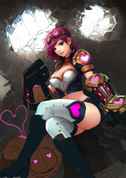 Rule 34 | 1girl, alternate costume, blitzcrank, blue eyes, boots, cherrylich, daeho cha, goggles, goggles on head, heart, highres, league of legends, looking at viewer, pink hair, robot, smile, vi (league of legends), unfinished