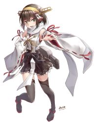 Rule 34 | 1girl, artist name, boots, brown eyes, brown hair, cosplay, hairband, hand on own hip, highres, japanese clothes, kantai collection, kongou (kancolle) (cosplay), kongou (kancolle), morigami (morigami no yashiro), nontraditional miko, ribbon-trimmed sleeves, ribbon trim, sendai (kancolle), short hair, smile, solo, thigh boots, thighhighs, twitter username, zettai ryouiki