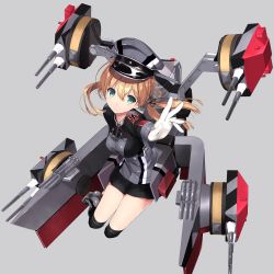 Rule 34 | 10s, 1girl, black socks, blonde hair, blue eyes, cannon, commentary request, cross, gloves, grey background, hat, highres, iron cross, kantai collection, kneehighs, long sleeves, looking at viewer, machinery, naruse hirofumi, peaked cap, prinz eugen (kancolle), smile, socks, solo, turret, twintails