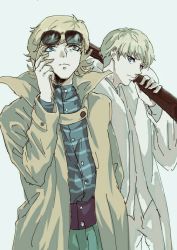 Rule 34 | 2boys, asuka ryou, blonde hair, blue eyes, buttons, closed mouth, coat, devilman, devilman crybaby, eyebrows, glasses, jacket, male focus, mihael, multiple boys, pants, shirt, short hair, simple background, striped clothes, striped shirt, sunglasses, sunglasses removed, white coat, yellow jacket