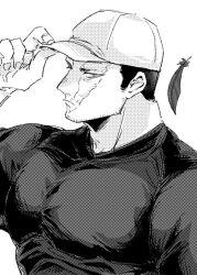 Rule 34 | 1boy, 9 gopy, alternate costume, bara, baseball cap, boku no hero academia, commentary request, endeavor (boku no hero academia), feathers, frown, greyscale, hat, large pectorals, looking at viewer, male focus, mature male, monochrome, muscular, muscular male, pectorals, scar, scar across eye, scar on face, shirt, short hair, solo, spiked hair, tight clothes, tight shirt, tsurime, upper body