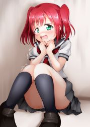 Rule 34 | 10s, 1girl, aqua eyes, ass, blush, breasts, collarbone, f15eagle (artist), highres, kurosawa ruby, long hair, looking at viewer, love live!, love live! sunshine!!, open mouth, panties, pantyshot, red hair, scared, school uniform, skirt, solo, tears, trembling, twintails, underwear, wavy mouth