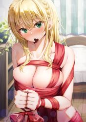 Rule 34 | 1girl, absurdres, bed, bed sheet, blonde hair, blush, bound, braid, breasts, candy, chocolate, chocolate heart, cleavage, collarbone, commentary request, curtains, food, food in mouth, green eyes, hair between eyes, heart, highres, indoors, kuria (clear trip second), large breasts, long hair, looking at viewer, naked ribbon, omiai shitakunakatta no de murinandai na jouken o tsuketara doukyuusei ga kita ken ni tsuite, plant, potted plant, ribbon, ribbon bondage, second-party source, shelf, sidelocks, solo, wooden floor, yukishiro arisa