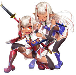 Rule 34 | 2girls, bare legs, bare shoulders, blind, blush, boots, grabbing another&#039;s breast, breast press, breasts, brown eyes, closed eyes, dark-skinned female, dark skin, demon girl, dress, fangs, female focus, gloves, grabbing, happy, highleg, highleg leotard, holding, holding weapon, horns, katana, leotard, lilith-soft, long hair, looking at another, looking back, multiple girls, nipples, oni horns, open mouth, pointy ears, puffy nipples, shiny skin, short hair, siblings, simple background, sisters, skirt, small breasts, sophie (taimanin asagi), sweat, sword, taimanin (series), taimanin asagi, taimanin rpgx, take your pick, twins, very long hair, weapon, white background, white hair, yuphie (taimanin asagi), zol