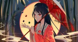 Rule 34 | 1girl, absurdres, bamboo, black hair, bow, bowtie, commentary, english commentary, floral print, full moon, gem, hands up, highres, holding, holding umbrella, houraisan kaguya, lexirinthe, long hair, long sleeves, looking at viewer, moon, parasol, parted lips, pink shirt, red eyes, shirt, smoke, solo, touhou, umbrella, upper body, very long hair, white bow, white bowtie, wide sleeves