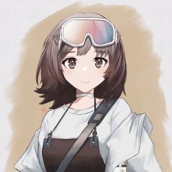 Rule 34 | 1girl, animal ears, arknights, brown background, brown eyes, brown hair, brown overalls, choker, commentary, goggles, goggles on head, highres, jacket, keaworks, looking at viewer, off shoulder, open clothes, open jacket, otter ears, overalls, roberta (arknights), shirt, short hair, simple background, smile, solo, straight-on, two-tone background, upper body, white background, white choker, white jacket, white shirt