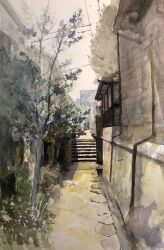 Rule 34 | alley, building, bush, grass, highres, mouen tw, no humans, original, painting (medium), path, plant, road, shadow, stairs, street, town, traditional media, tree, watercolor (medium)