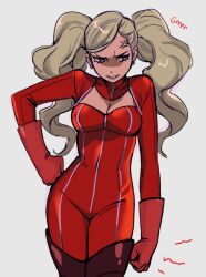 Rule 34 | 1girl, anger vein, blonde hair, blue eyes, bodysuit, boots, breasts, cleavage, cleavage cutout, clothing cutout, commentary, english commentary, english text, gloves, grey background, hand on own hip, highres, long hair, medium breasts, neekosiah, persona, persona 5, red bodysuit, red footwear, red gloves, simple background, solo, takamaki anne, thigh boots, twintails