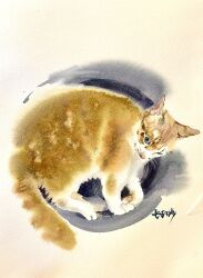 animal animal_focus cat full_body green_eyes highres looking_at_viewer looking_down no_humans original painting_(medium) shibakaka traditional_media watercolor_(medium) whiskers white_background