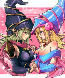 Rule 34 | 2girls, aqua eyes, bad id, bad pixiv id, bare shoulders, blonde hair, breasts, choker, cleavage, dark magician girl, duel monster, earrings, eye contact, gagaga girl, hat, holding hands, interlocked fingers, jewelry, large breasts, looking at another, mosurar2, multiple girls, pentacle, pink background, purple eyes, sparkle, wizard hat, yu-gi-oh!, yu-gi-oh! duel monsters, yu-gi-oh! zexal, yuri, yuu-gi-ou, yuu-gi-ou zexal