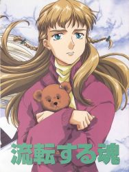Rule 34 | 1990s (style), blonde hair, blue eyes, braid, coat, worried, gundam, gundam wing, highres, holding, holding stuffed animal, holding stuffed toy, jacket, japanese text, looking at viewer, official art, relena peacecraft, ribbon, snow, stuffed animal, stuffed toy, sweater, teddy bear, teeth, winter clothes, winter coat, winter uniform, worried