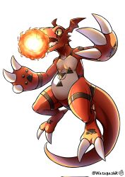 Rule 34 | claws, digimon, digimon (creature), digital hazard, fire, guilmon, highres, solo, tail, wings