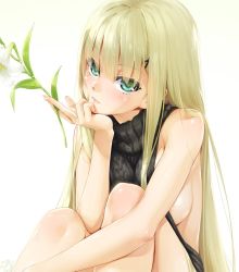 Rule 34 | 1girl, aran sweater, areola slip, backless dress, backless outfit, bishoujo mangekyou, bishoujo mangekyou: tsumi to batsu no shoujo, bishoujo mangekyou (series), blonde hair, breasts, cable knit, closed mouth, dress, flower, gradient background, green eyes, hair ornament, hairclip, happoubi jin, head rest, kannagi yuuri, knees to chest, large breasts, long hair, looking at viewer, meme attire, sidelocks, simple background, solo, sweater, turtleneck, turtleneck sweater, x hair ornament