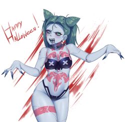 Rule 34 | !, 1girl, absurdres, animal ears, bare legs, bare shoulders, bodypaint, breasts, cleavage, curvy, cyberpunk (series), cyberpunk edgerunners, fake animal ears, fake scar, fang, feet out of frame, halloween costume, happy halloween, highres, makeup, medium breasts, navel, pietrosatou, rebecca (cyberpunk), revealing clothes, shiny skin, small breasts, solo, stomach tattoo, tattoo, thong, tongue, tongue out, wide hips
