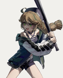 Rule 34 | 1girl, absurdres, ahoge, arknights, bare shoulders, baseball bat, belt, black hat, blue shorts, braid, brown hair, commentary, commentary request, cuora (arknights), green eyes, green jacket, grey background, hat, highres, holding, holding baseball bat, jacket, long hair, long sleeves, off shoulder, open mouth, short shorts, shorts, simple background, smile, solo, twin braids, yoon cook