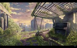 Rule 34 | building, city, cityscape, cloud, grass, highres, instrument, kenth.ton, letterboxed, no humans, original, outdoors, overgrown, piano, railing, rust, scenery, skyscraper, sunset