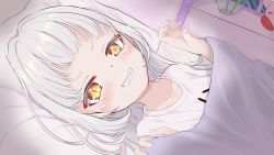 Rule 34 | 1girl, :d, absurdres, anzu mochi, blanket, blunt bangs, highres, hololive, long hair, looking at viewer, lying, murasaki shion, on back, on bed, open mouth, shirt, short eyebrows, silver hair, slit pupils, smile, solo, virtual youtuber, yellow eyes