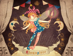 Rule 34 | 1girl, american flag dress, american flag legwear, blush, character name, clownpiece, crescent, crown, curtains, fairy wings, full body, hat, hexagram, jester cap, long hair, looking at viewer, looking back, orange hair, outstretched arms, pantyhose, print pantyhose, red eyes, short sleeves, solo, star (symbol), striped, touhou, wings, yujup