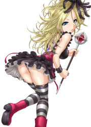 Rule 34 | 1girl, ass, blonde hair, blue eyes, boots, collar, corset, dragon quest, dragon quest swords, feather hair ornament, feathers, hair ornament, jewelry, nail polish, panties, pantyshot, ring, setia, solo, st.germain-sal, striped clothes, striped thighhighs, thighhighs, underwear, upskirt