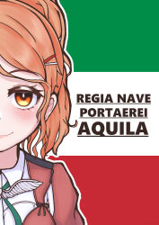 Rule 34 | 1girl, absurdres, aquila (kancolle), blush, character name, daichi (daiti1318), eyelashes, green ribbon, hair ornament, hairclip, highres, italian flag, italian text, jacket, kantai collection, looking at viewer, neck ribbon, orange eyes, orange hair, outline, ponytail, portrait, ribbon, simple background, smile, solo, white outline