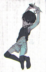 Rule 34 | 1boy, antenna hair, armpits, arms up, bare arms, bare shoulders, black eyes, black hair, black socks, black tank top, child, chromatic aberration, closed mouth, commentary request, dot mouth, dot nose, expressionless, film grain, from side, full body, highres, holding, holding knife, kneehighs, knife, looking at viewer, male focus, no shoes, omori, omori (omori), short hair, shorts, simple background, socks, solo, striped clothes, striped shorts, tank top, toastytoast, white background, white shorts