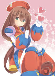 Rule 34 | 1girl, android, beret, blush, brown hair, capcom, clenched hand, dress, gloves, green eyes, hair between eyes, hat, head tilt, heart, iris (mega man), legs together, long hair, looking at viewer, looking to the side, low-tied long hair, mega man (series), mega man x4, mega man x (series), patterned background, red hat, rento (rukeai), sitting, solo, star (symbol), white gloves