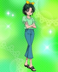 Rule 34 | 1girl, bow, crossed arms, denim, full body, green eyes, green hair, green shirt, hair bow, highres, jeans, long hair, midorikawa nao, official art, open mouth, pants, parted bangs, ponytail, precure, precure connection puzzlun, sandals, shirt, short sleeves, sleeve bow, smile precure!, solo, third-party source, yellow bow