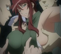 Rule 34 | 1girl, 3boys, blush, grabbing another&#039;s breast, breasts, grabbing, green eyes, highres, large breasts, long hair, multiple boys, red hair, solo focus, stitched, suzue konomi, sweater, tears, third-party edit, triage x