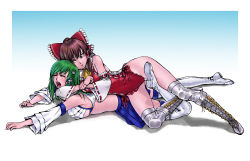 Rule 34 | &gt;:o, 2girls, :o, adapted costume, asphyxiation, blue background, boots, bow, breasts, brown eyes, brown hair, choke hold, closed eyes, cross-laced footwear, d:, detached sleeves, female focus, gradient background, green hair, hair bow, hair ornament, hakurei reimu, highres, hip focus, japanese clothes, knee boots, kochiya sanae, lace-up boots, leotard, long hair, lying, medium breasts, midriff, miko, multiple girls, murasaki-sin, neckerchief, on stomach, open mouth, pleated skirt, red leotard, ryona, sideboob, skirt, stf, strangling, submission, submission hold, tearing up, tears, thigh boots, thighhighs, touhou, underboob, v-shaped eyebrows, white background, white thighhighs, wide hips, wrestling