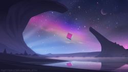 Rule 34 | commentary, cube, desert, english commentary, floating, floating object, highres, landscape, mleth, night, night sky, no humans, original, reflection, scenery, sky, space, star (sky), starry sky, surreal, twitter username, vaporwave, water, watermark, web address