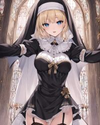 Rule 34 | 1girl, aomaru (shta-chu-jisuiai), blonde hair, blue eyes, breasts, character request, feet out of frame, garter belt, hands out of frame, large breasts, nun, skirt, tagme, veil, window