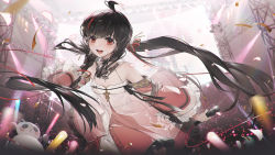 Rule 34 | absurdres, ahoge, black hair, cheering, chinese clothes, dress, floral print, frills, glowstick, highres, idol, jewelry, looking at viewer, mechanical arms, microphone, necklace, panda, petals, ponytail, pulao (punishing: gray raven), punishing: gray raven, red dress, red eyes, ribbon, single mechanical arm, smile, stage, stage lights, xtears kitsune