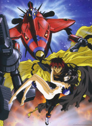 Rule 34 | 1990s (style), 1boy, 1girl, black hair, cape, clothed male nude female, gene starwind, highres, holding in arms, itou takehito, melfina, nude, outlaw star, promotional art, red hair, retro artstyle, spacecraft, sunrise (company)