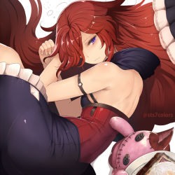 Rule 34 | 10s, 1girl, anna (granblue fantasy), bare back, bare shoulders, black skirt, bracelet, breakfast, corsage, corset, food, frills, granblue fantasy, hair over one eye, jewelry, long hair, looking at viewer, plate, purple eyes, red hair, signature, skirt, solo, sts, stuffed toy, twitter username, waking up, wavy mouth
