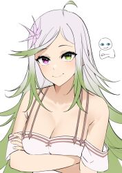 Rule 34 | 1girl, ahoge, arms under breasts, artist name, bare shoulders, breasts, cleavage, collarbone, commentary, crossed arms, english commentary, flower, gradient hair, green eyes, green hair, grey hair, hair flower, hair ornament, heterochromia, large breasts, long hair, looking at viewer, messy hair, multicolored hair, original, pink eyes, sasoura, simple background, smile, solo, swept bangs, upper body, white background