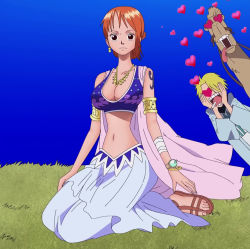Rule 34 | 1boy, 1girl, alabasta, animal, bandages, bare shoulders, blonde hair, bracelet, breasts, camel, cigarette, cleavage, earrings, eyelashes (one piece), hair over one eye, heart, highres, jewelry, log pose, looking at viewer, midriff, nami (one piece), navel, one piece, open mouth, orange hair, sandals, sanji (one piece), screencap, short hair, simple background, stitched, tattoo, third-party edit, toes