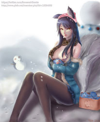 Rule 34 | ahri (league of legends), alternate costume, animal ears, bad id, bad pixiv id, black legwear, blood, breasts, c dashi, fox ears, fox tail, large breasts, league of legends, lips, long hair, looking at viewer, multiple tails, nosebleed, hugging object, off shoulder, pantyhose, parted lips, poro (league of legends), sitting, tail, yellow eyes