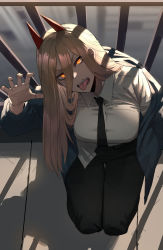 Rule 34 | 1girl, black necktie, black pants, blonde hair, blurry, blurry background, breasts, business suit, chainsaw man, collared shirt, cross-shaped pupils, crosshair pupils, demon girl, demon horns, dress shirt, formal, hair between eyes, head tilt, highres, horns, kneeling, large breasts, necktie, off shoulder, open mouth, original, outdoors, pants, power (chainsaw man), railing, ratatatat74, red horns, revision, sharp teeth, shirt, suit, symbol-shaped pupils, teeth, tongue, tongue out, untucked shirt, white shirt