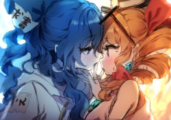 Rule 34 | 2girls, blue eyes, blue hair, brown eyes, drill hair, earrings, eye contact, hat, imminent kiss, incest, jewelry, kiss, long hair, looking at another, multiple girls, orange hair, piyokichi, ring, siblings, sisters, sketch, sleeveless, touhou, twin drills, upper body, yorigami jo&#039;on, yorigami shion, yuri