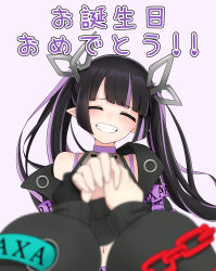 Rule 34 | 3girls, black hair, blunt bangs, blush, closed eyes, commentary request, cuore 0624, demon girl, demon horns, grin, highres, horns, kojo anna, kojo anna (1st costume), long hair, medium bangs, multicolored hair, multiple girls, nanashi inc., pointy ears, purple background, purple hair, ryugasaki rene, ryugasaki rene (1st costume), shishio chris, shishio chris (1st costume), simple background, smile, solo focus, translation request, twintails, two-tone hair, virtual youtuber
