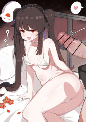 Rule 34 | 1girl, ?, ??, absurdres, bar censor, bed, bed sheet, bikini, blush, breasts, brown hair, censored, doldol (rkwowlqrp), erection, flower, genshin impact, ghost, half-closed eyes, heart, highres, hu tao (genshin impact), navel, on bed, open mouth, penis, red eyes, small breasts, smile, sweatdrop, swimsuit, thought bubble, twintails, veins, veiny penis, white bikini