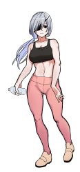 Rule 34 | 1girl, black eyes, breasts, chainsaw man, cleavage, expressionless, eyepatch, full body, grey hair, highres, long hair, midriff, navel, plastic bottle, ponytail, quanxi (chainsaw man), simple background, siribang1215, solo, sports bra, white background, yoga