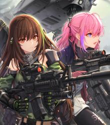 Rule 34 | 2girls, aircraft, ar-15, arm strap, assault rifle, asymmetrical pants, baek hyang, black gloves, black pants, blue eyes, breasts, brown eyes, brown hair, buckle, ch-53, city, close-up, closed mouth, cloud, cloudy sky, commentary request, detached sleeves, dual wielding, finger on trigger, floating hair, gas mask, girls&#039; frontline, glint, gloves, green hair, green sweater, gun, hair between eyes, helicopter, highres, holding, holding gun, holding weapon, jacket, long hair, looking at viewer, m4 carbine, m4a1 (girls&#039; frontline), m4a1 (mod3) (girls&#039; frontline), magazine (weapon), mask, mod3 (girls&#039; frontline), multicolored hair, multiple girls, open mouth, outdoors, pants, pink hair, ponytail, pouch, ribbed sweater, rifle, running, sidelocks, sky, snap-fit buckle, st ar-15 (girls&#039; frontline), st ar-15 (mod3) (girls&#039; frontline), streaked hair, suppressor, sweater, sweater vest, thigh strap, weapon, weapon bag, wind