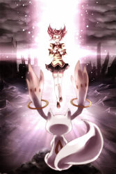 Rule 34 | 10s, 1girl, beam, blurry, bow, building, cloud, depth of field, from behind, hands on own chest, highres, kaname madoka, kyubey, light, light particles, loafers, magical girl, mahou shoujo madoka magica, mahou shoujo madoka magica (anime), namu (artist), namuko, pink eyes, pink hair, pleated skirt, ruins, school uniform, shoes, short hair, skirt, skyscraper, spoilers, thighhighs, twintails, white thighhighs, zettai ryouiki