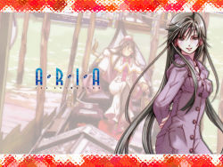 Rule 34 | 00s, 1girl, akira ferrari, amano kozue, aria (manga), arms behind back, black hair, boat, brown eyes, buttons, capelet, dock, dress, gondola, hat, leaning back, long hair, looking at viewer, official art, official wallpaper, projected inset, sitting, solo, uniform, very long hair, water, watercraft