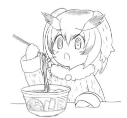 Rule 34 | 10s, 1girl, :o, blush, buttons, calpara, chopsticks, clenched hand, coat, cup ramen, donbee (food), dot nose, eyelashes, food, fur collar, greyscale, hair between eyes, hand up, holding, holding food, kemono friends, lineart, long sleeves, looking down, monochrome, noodles, northern white-faced owl (kemono friends), open mouth, short hair, simple background, sleeve cuffs, solo, table, tareme, upper body, white background