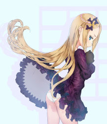 Rule 34 | 1girl, abigail williams (fate), ass, blonde hair, blue eyes, blush, bow, bug, butterfly, clothes lift, commentary request, dress, dress lift, drop shadow, fate/grand order, fate (series), floating hair, forehead, hair bow, huanyan, insect, long hair, long sleeves, hugging object, orange bow, panties, parted bangs, parted lips, profile, purple bow, purple dress, solo, stuffed animal, stuffed toy, teddy bear, underwear, very long hair, white panties