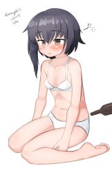 Rule 34 | 1girl, absurdres, asymmetrical hair, barefoot, black hair, bottle, bra, breasts, brown eyes, dated, drunk, hair between eyes, highres, i-14 (kancolle), kantai collection, maru (marg0613), one-hour drawing challenge, panties, short hair, simple background, sitting, small breasts, solo, squeans, twitter username, underwear, underwear only, wariza, white background, white bra, white panties