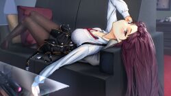 Rule 34 | 1girl, absurdres, black pantyhose, black skirt, blurry, blush, breasts, bullpup, chromatic aberration, cleavage, closed mouth, commentary, couch, depth of field, english commentary, film grain, girls&#039; frontline, glass table, gun, highres, indoors, large breasts, long hair, long sleeves, looking at viewer, lying, necktie, on back, pantyhose, puffy sleeves, purple hair, red eyes, red necktie, rifle, see-through, see-through shirt, shidoni, shirt, skirt, sniper rifle, solo, striped clothes, striped shirt, table, vertical-striped clothes, vertical-striped shirt, wa2000 (girls&#039; frontline), walther, walther wa 2000, weapon, white shirt